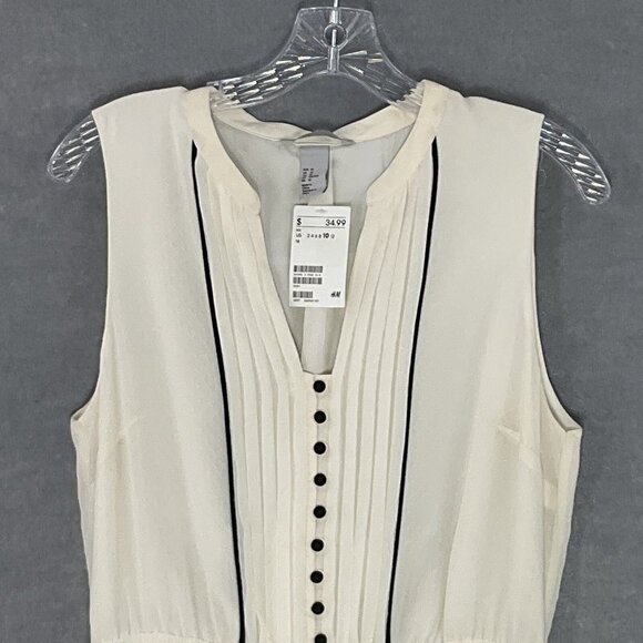 H&M Dress Women 10 Ivory Black Buttons Trim Pintuck Lined Ivy Preppy Timeless - Picture 4 of 13